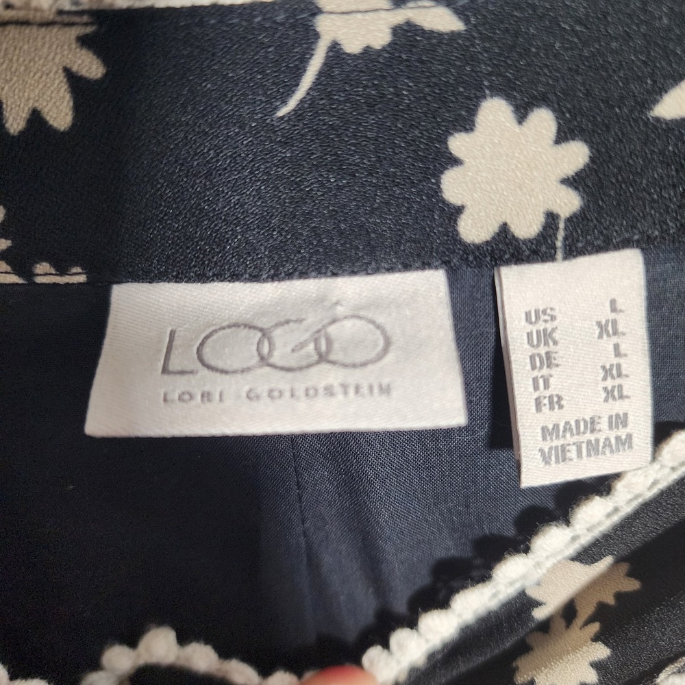 LOGO Lori Goldstein Floral‎ Button Front Jacket Black Multi Color Crochet Trim L - Picture 8 of 11